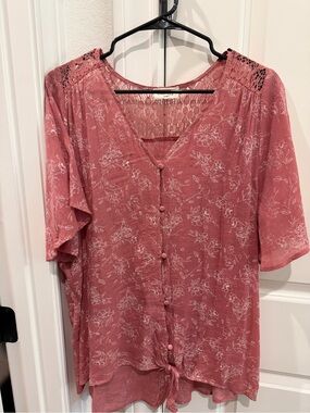 Siren Lily Dusty Rose Floral Crochet-Yoke Button Front Blouse